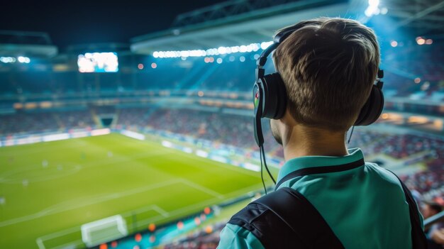 Commentateur de football dans des écouteurs regarde d'en haut à un match de football