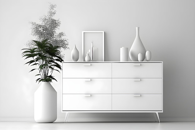 Photo une commode blanche avec de nombreux vases et une plante dessus.