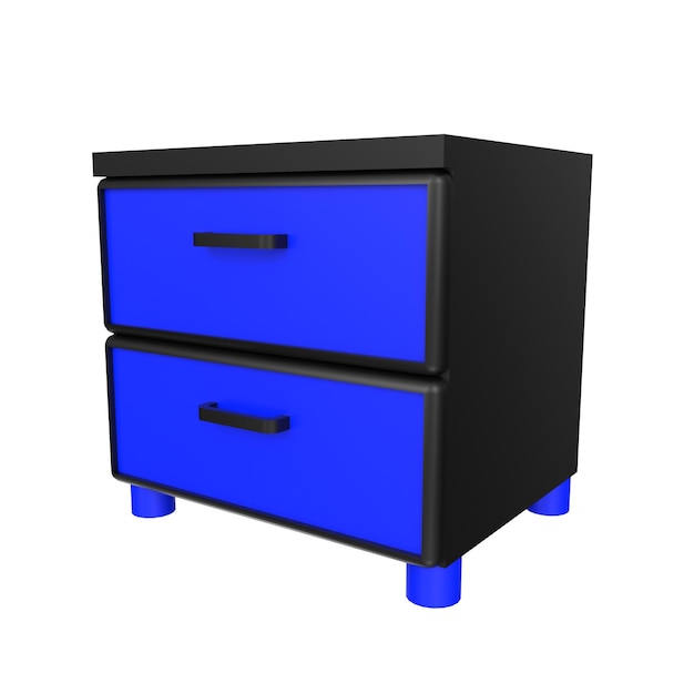 Une commode bleue et noire avec un dessus noir qui dit "le mot" dessus.