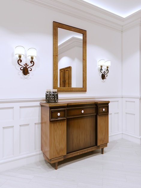 Commode en bois dans un couloir de style classique. Couloir intérieur dans l'appartement. rendu 3D.