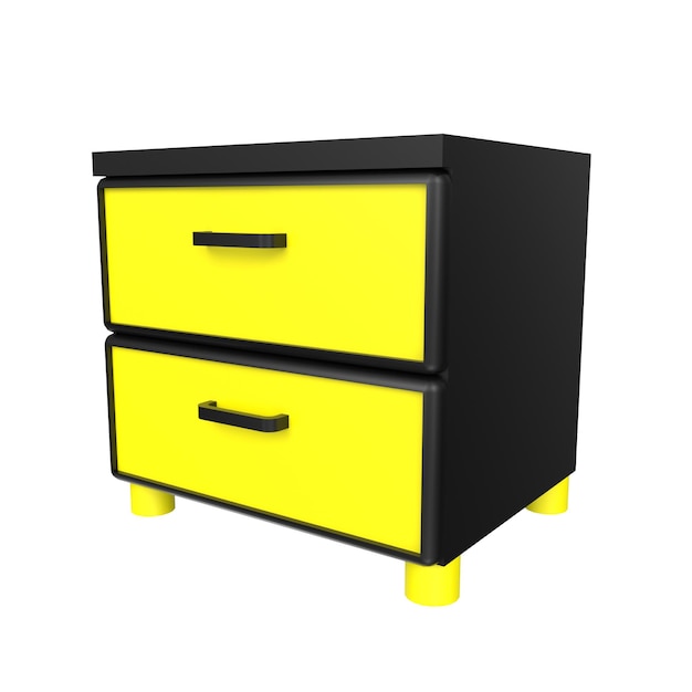 Une commode noire et jaune avec un haut noir qui dit " je suis un. " en bas.