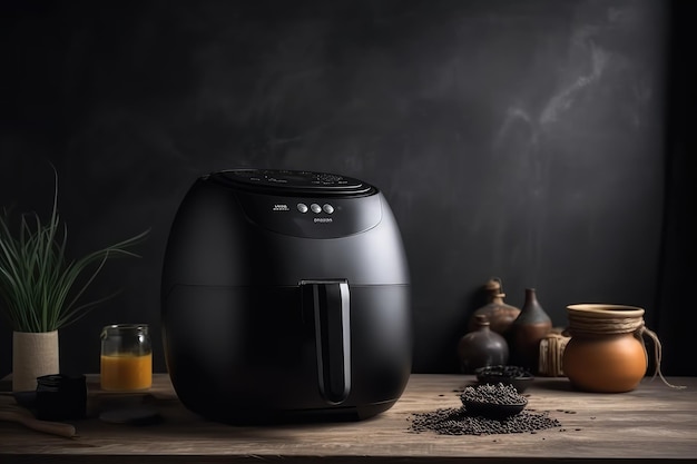 Commodité culinaire moderne Friteuse à air noire ou appareil de friteuse sans huile accentuant le travail en bois