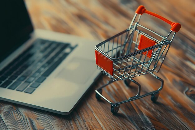 La commodité numérique montre la facilité des achats en ligne avec un ordinateur portable et un mini chariot