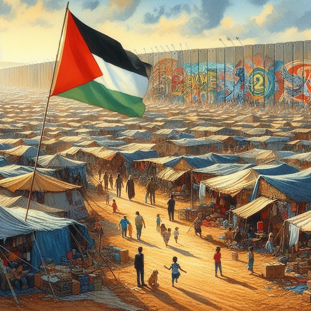 Une communauté dynamique représentée à l'aquarelle avec une bannière Save Palestine dans un camp de réfugiés
