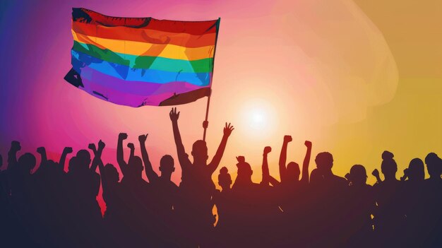 La communauté de la fierté lors d'un défilé avec les mains levées et le drapeau LGBT