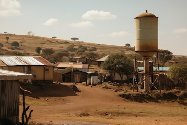 Communauté frappée par la sécheresse avec un ruisseau asséché et un réservoir d'eau vide créé avec une IA générative