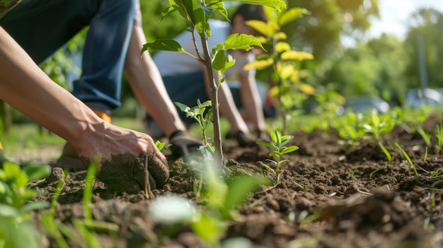 Une communauté se réunissant pour planter des arbres dans un parc promouvant l'intendance environnementale et la durabilité dans les projets d'écologisation urbaine