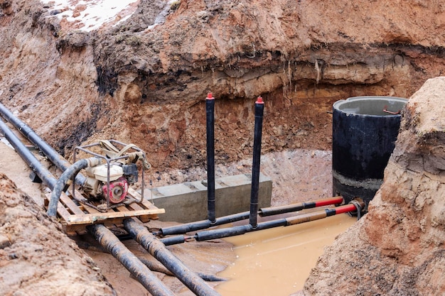 Communications souterraines Tuyaux de chauffage dans une tranchée inondée d'eau Des tuyaux ont été posés dans la tranchée creusée Accident de canalisation Pompage d'eau d'une tranchée