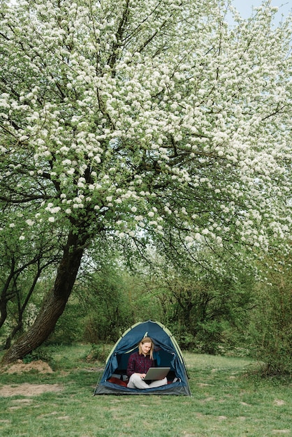 Communiquez avec vos proches, votre famille en ligne sur un ordinateur portable sous une tente dans la nature