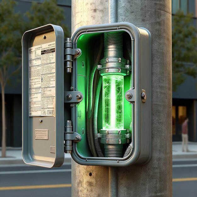 Photo un commutateur ouvert avec un tuyau avec un liquide brillant vert sur la rue