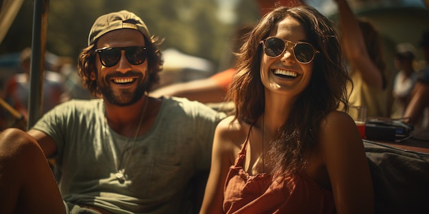 Compagnie heureuse dans la nature camping de vacances d'été photo de haute qualité IA générative