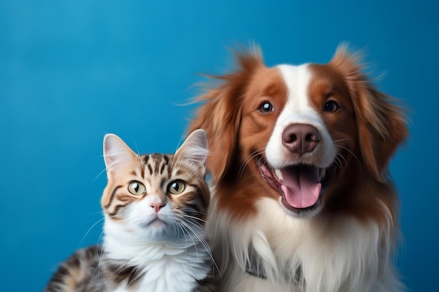 Des compagnons d'animaux heureux Un chien et un chat heureux sur un fond bleu Les animaux adorent l'IA générative