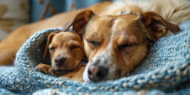 Des compagnons canins confortables qui dorment ensemble dans une couverture tricotée