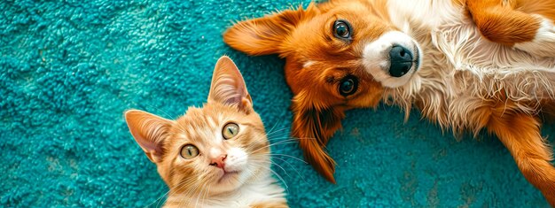 Photo les compagnons chat et chien partagent un moment sur un espace de copie de tapis turquoise