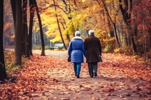Les compagnons de toute une vie La promenade d'automne tranquille d'un couple de personnes âgées AI générative