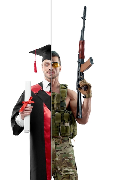Comparaison entre un diplômé de l'université et un militaire Étudiant portant une robe de graduation noire et rouge tenant un diplôme Soldat portant un uniforme militaire ayant une machine automatique Kalachnikov