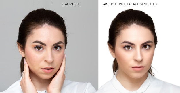 Photo comparaison hypothétique entre un modèle réel et un visage créé par l'intelligence artificielle