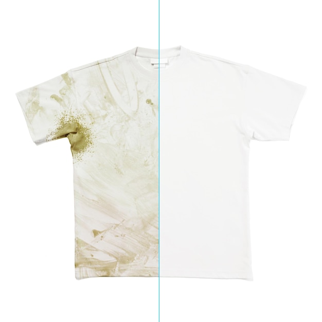 Comparaison d'un t-shirt blanc avant et après l'utilisation d'un détergent à lessive ou d'un agent de blanchiment