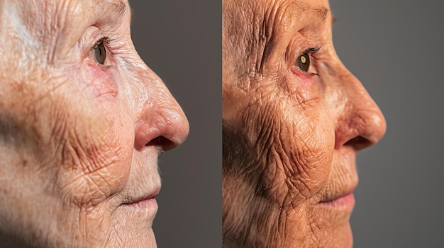 Comparation du visage d'une femme avant et après la chirurgie esthétique Le côté gauche montre la femme avant la chirurgie avec des rides et des taches de vieillesse