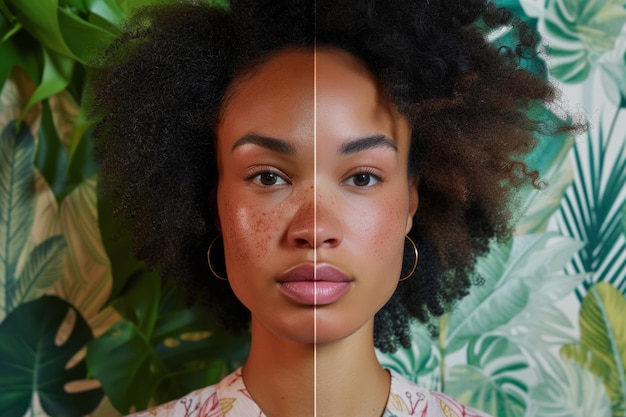 Photo comparation de visage côte à côte d'une femme avec une mauvaise peau d'un côté et une peau claire de l'autre