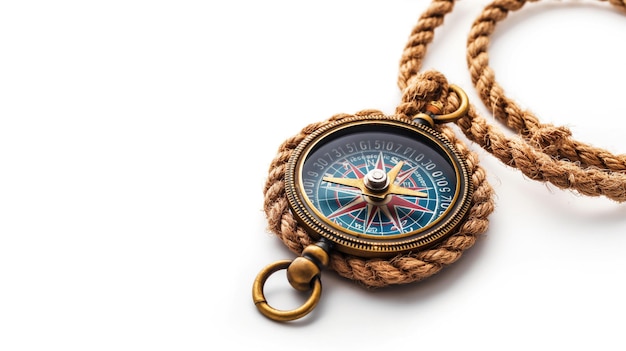 Compass en laiton vintage avec une corde sur un fond blanc
