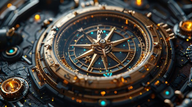 Compass steampunk fantastique avec ornement de roue dentée en 3D