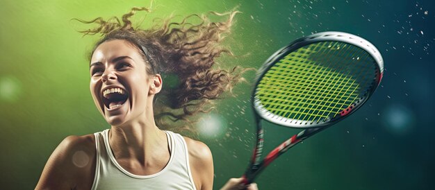 Photo compétition de tennis britannique avec une femme de race blanche jouant au tennis avec de nouveaux matches sur un fond vert composite numérique avec espace de copie de raquette spor