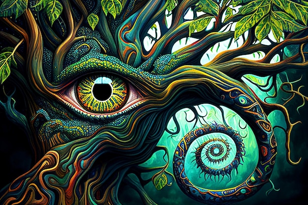 Compilation AyahuascaMéditation chamanique Le voyage de la conscience Un dragon dans un tronc d'arbre L'oeil magique AI générative