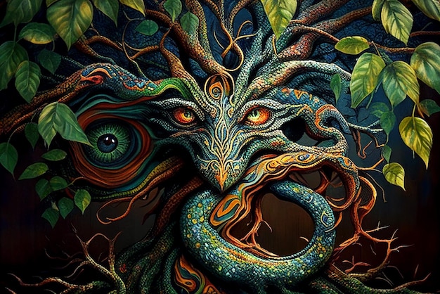 Compilation AyahuascaMéditation chamanique Le voyage de la conscience Un dragon dans un tronc d'arbre L'oeil magique AI générative