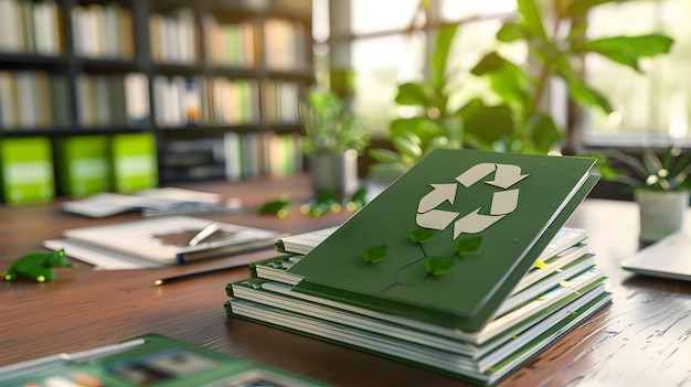 Photo compilation de politiques de durabilité une collection complète de rapports verts sur un bureau