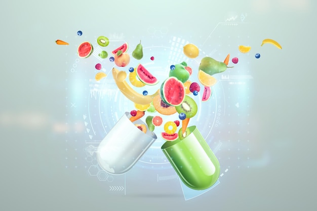 Complément alimentaire sous forme de gélules médicinales et de comprimés nutritionnels avec des fruits à l'intérieur. Médecine alternative, vitamines, naturopathie, santé, homéopathie. Illustration 3D, rendu 3D.