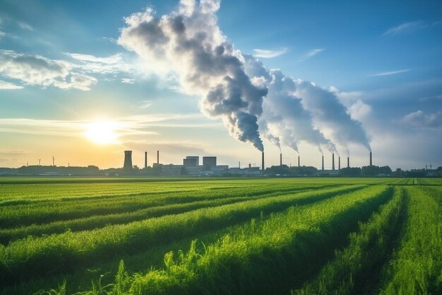 Photo complexe industriel à francfort tôt le matin avec des champs verts et une cheminée fumante