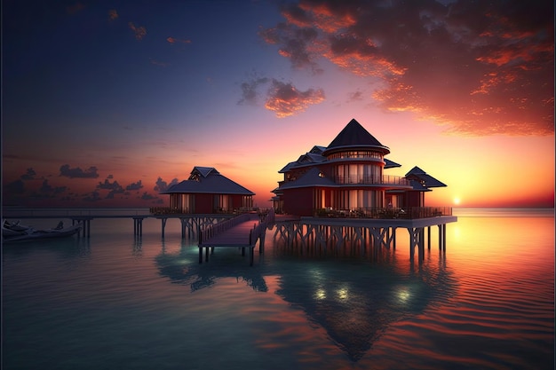 Complexe de luxe aux Maldives magnifique vue sur la pointe du coucher du soleil de l'hôtel de mer Fabriqué par l'intelligence artificielle AI