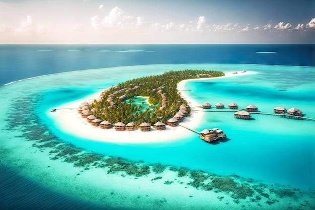 Complexe de luxe sur l'île tropicale des Maldives avec de l'eau claire dans l'océan