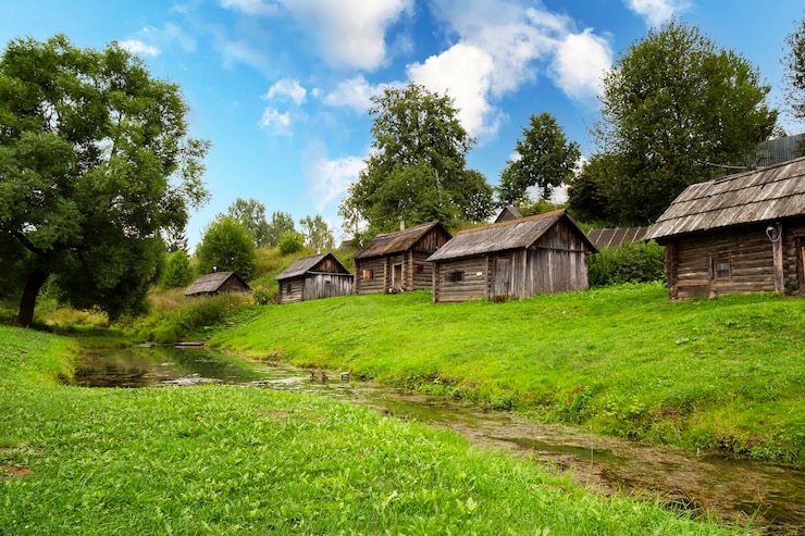 Photo le complexe médiéval de bains en bois traditionnels se reflète dans l'eau sur la rive de la rivière dans le