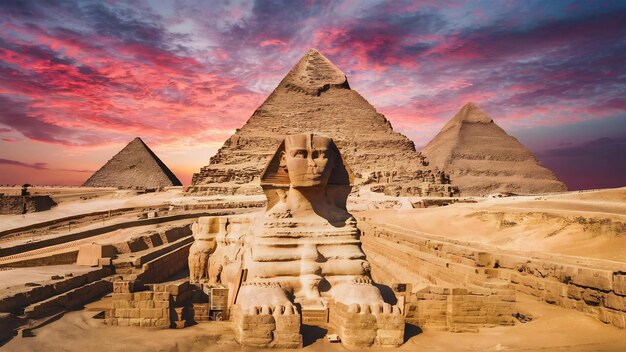 Photo le complexe des pyramides de gizeh en égypte une belle vue du coucher de soleil