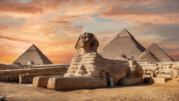 Le complexe des pyramides de Gizeh en Égypte une belle vue du coucher de soleil