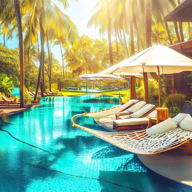 Complexe de vacances de luxe avec piscine hamac et parasols