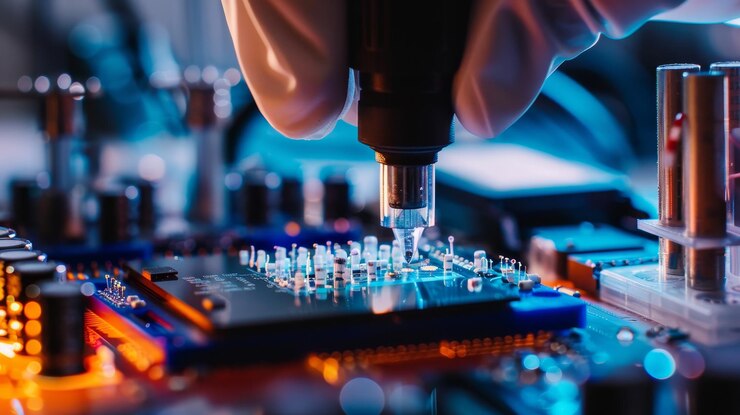Photo un composant semi-conducteur en forme de lame est inséré dans un appareil dans un laboratoire de haute technologie