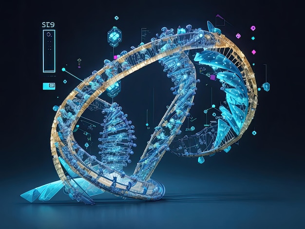 Composants numériques d'IA enchevêtrés avec la double hélice d'ADN mettant l'accent sur l'utilisation de la génétique d'IA