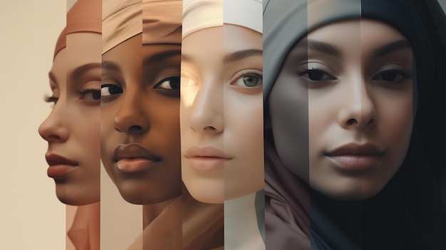 Composite d'ethnies multiraciales regardant le groupe de caméras de femmes mixtes portant le hijab