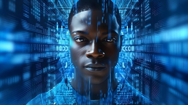 Composite numérique de l'IA masculine noire 3D contre le motif technique bleu et l'IA générative des fusées éclairantes