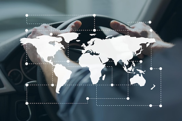 Composite numérique de l'icône de la carte du monde contre la conduite de personne