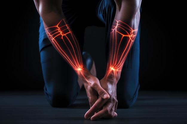 Composite numérique de la jambe soulignée d'une femme en pose de yoga sur un fond noir Un homme souffrant de douleurs au genou sur un fond noir présenté dans une bannière panoramique générée par l'IA
