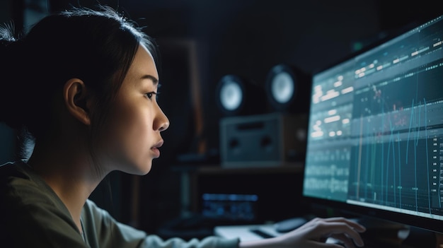 Compositeur de musique Femme d'âge moyen asiatique Écriture et arrangement de partitions musicales pour le cinéma, la télévision ou les jeux vidéo en home studio Generative AI AIG22