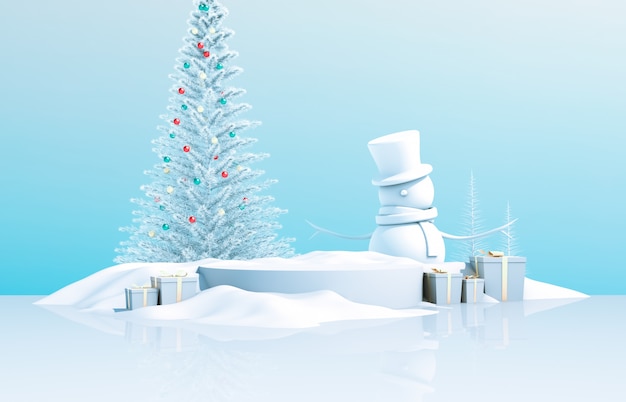 Composition 3d abstraite. Fond de Noël hiver avec arbre de Noël, bonhomme de neige et coffret cadeau.