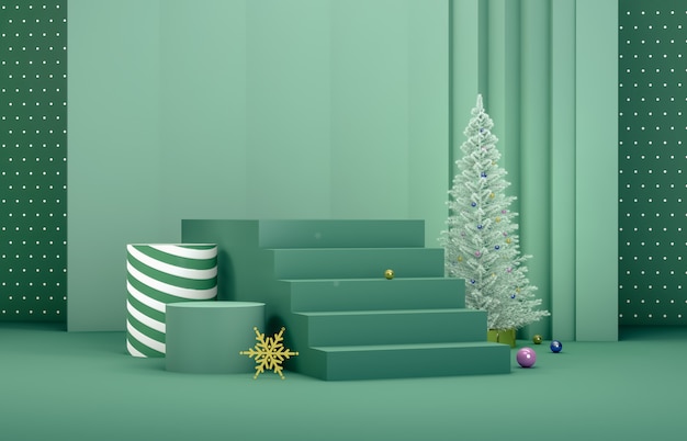 Composition 3d abstraite. Fond de Noël hiver avec arbre de Noël et scène pour la présentation du produit.