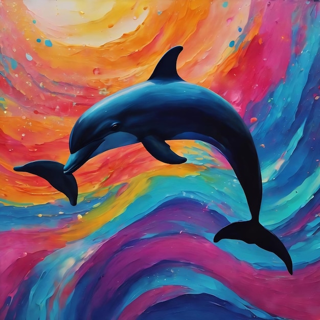 Composition abstraite d'art fluide silhouette d'un dauphin sur un fond multicolore créatif coloré