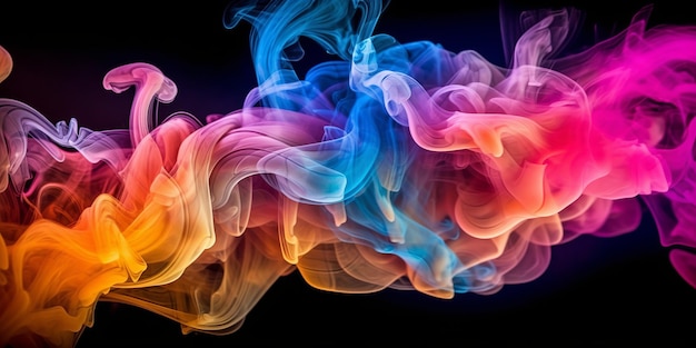 Composition abstraite avec fumée multicolore et formes vibrantes sur fond noir créant un affichage visuellement captivant de couleurs dynamiques et de formes intrigantes Generative Ai