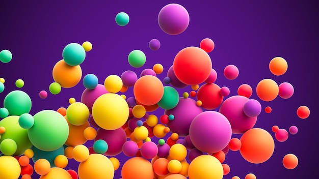 Composition abstraite avec des sphères volantes aléatoires colorées Boules molles mates arc-en-ciel colorées